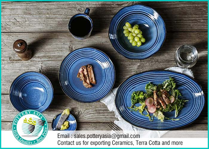 Dinnerset Ceramic Blue Cobalt Smooth Glaze with Stripes