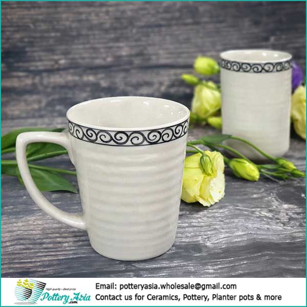 Ceramic mug ivory white glaze with decorative rim