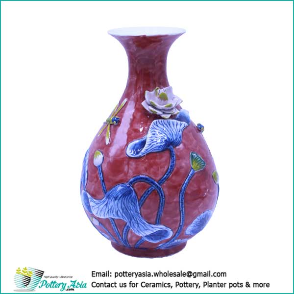 Ceramic vase bulging with flared rim, red glazed
