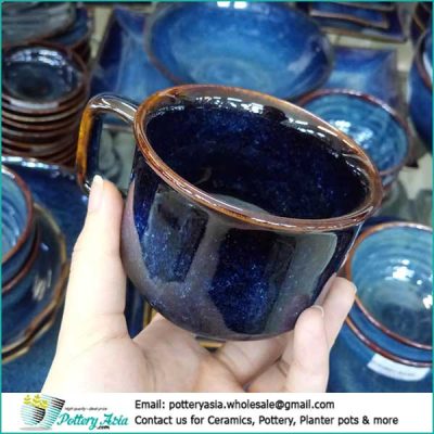 Coffee cup luxury blue glazed with brown rim