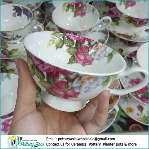 Porcelain tea cup with saucer flower printing