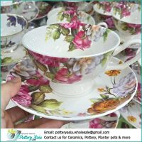 Porcelain tea cup with saucer flower printing