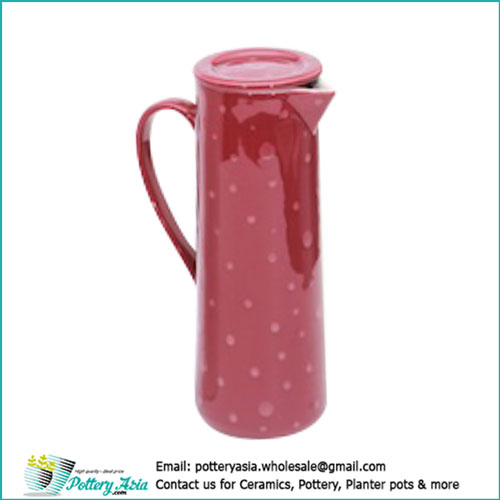 Tall ceramic water jug slim shape with lid, polka dots red color